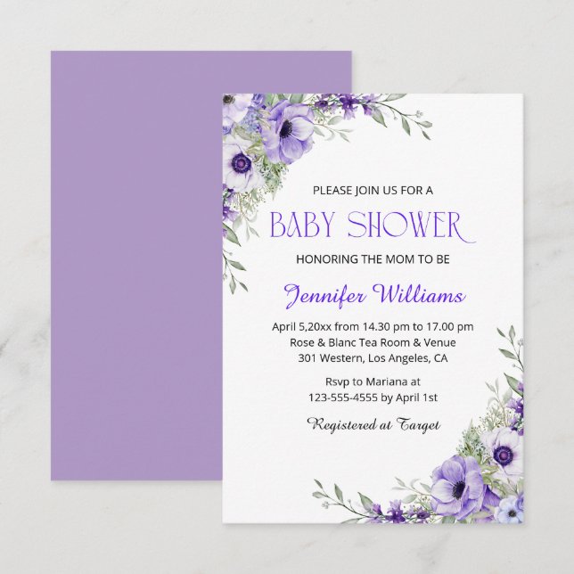 Invitation élégante aquarelle violet fleurs fille baby shower (Devant / Derrière)