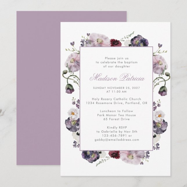 Invitation Elégante aquarelle violet Floral (Devant / Derrière)
