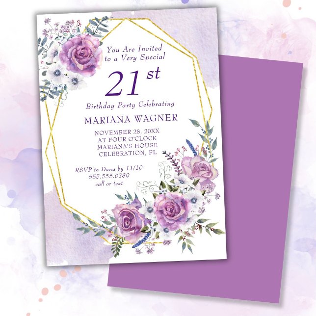 Invitation Elégante aquarelle violet floral 21e anniversaire (Créateur téléchargé)