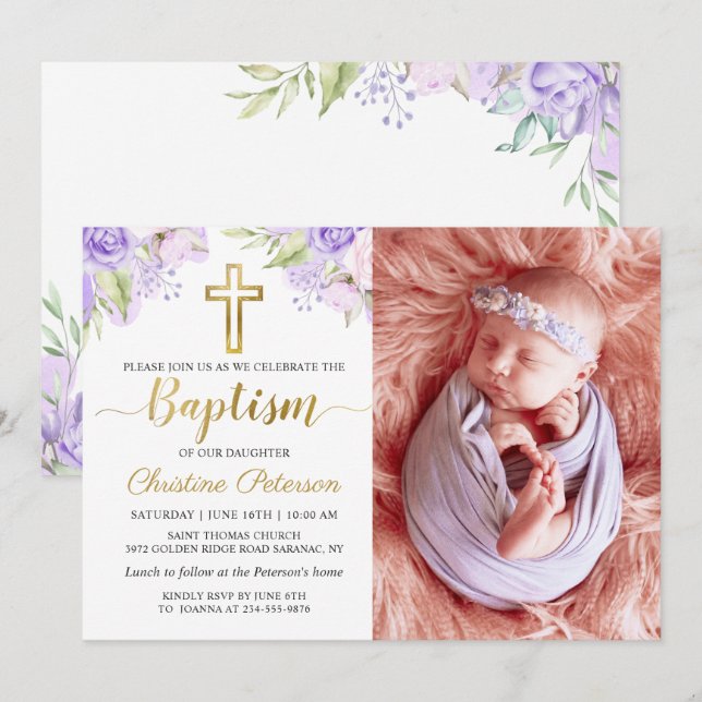 Invitation Elégante aquarelle violet floral Baptême photo (Devant / Derrière)