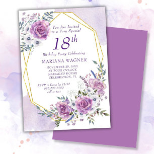 Invitation Elégante aquarelle violet florale 18e anniversaire