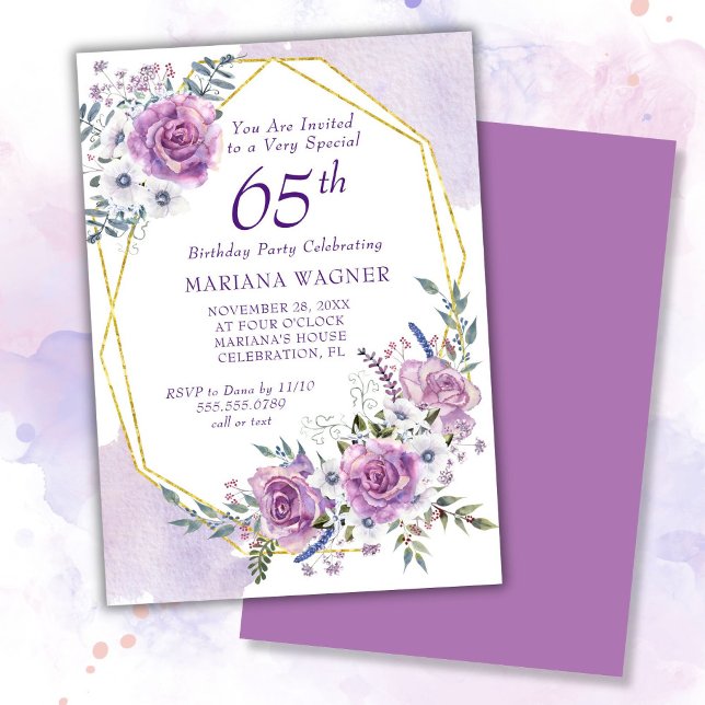 Invitation Elégante aquarelle violet florale 65e anniversaire (Créateur téléchargé)