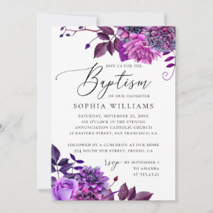 Invitation Elégante aquarelle violet jardin fleuri baptême
