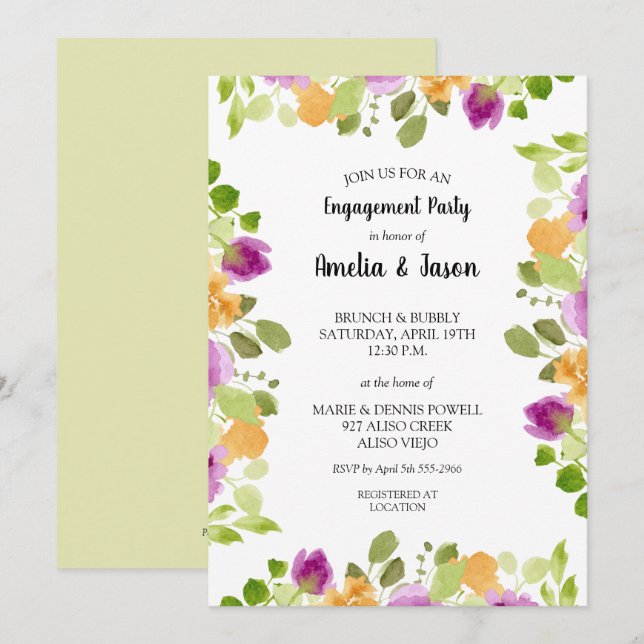 Invitation Elégante Aquarelle violette Fleur d'engagement (Devant / Derrière)