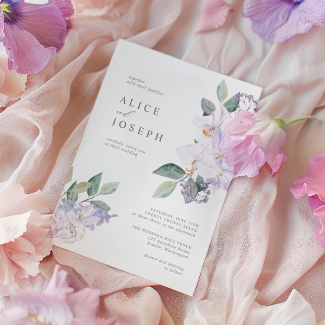 Invitation Elégante Aquarelle violette Fleurs et verdure (Elegant Purple Watercolor Flowers & Greenery Invitation)