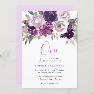 Invitation Elégante Aquarelle violette Florale 1er anniversai