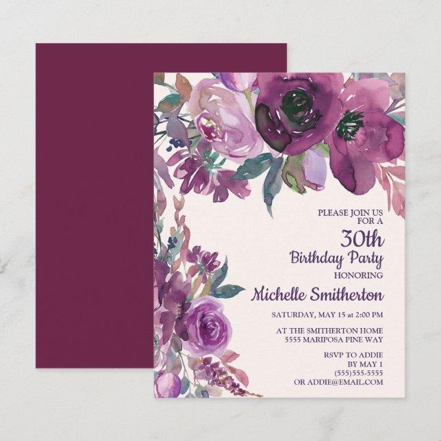 Invitation Elégante Aquarelle violette Florale 30e anniversai (Devant / Derrière)