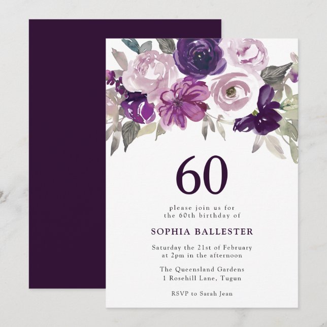 Invitation Elégante aquarelle violette Florale 60e anniversai (Devant / Derrière)