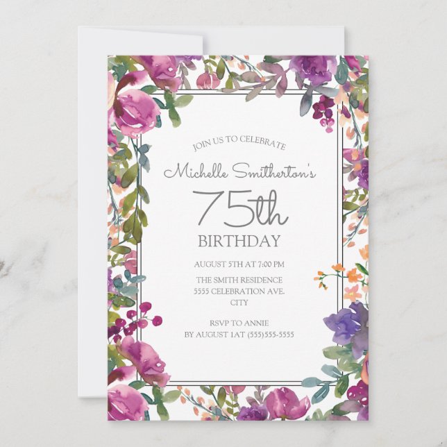 Invitation Elégante aquarelle violette Florale 75e anniversai (Devant)