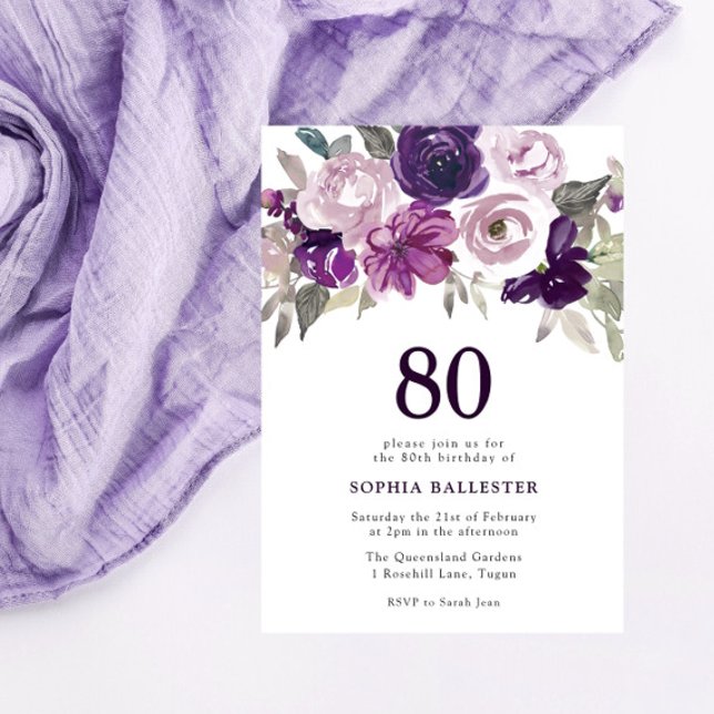 Invitation Elégante Aquarelle violette Florale 80e anniversai (Créateur téléchargé)