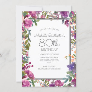 Invitation Elégante Aquarelle violette Florale 80e anniversai