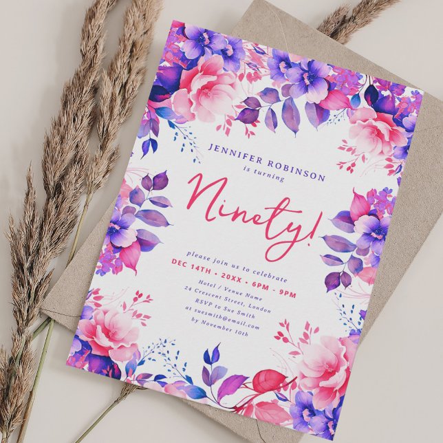 Invitation Elégante aquarelle violette Florale 90e anniversai (Elegant Purple Watercolor Floral 90th Birthday Invitation)