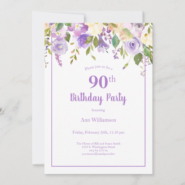 Invitation Elégante aquarelle violette Florale 90e anniversai (Devant)