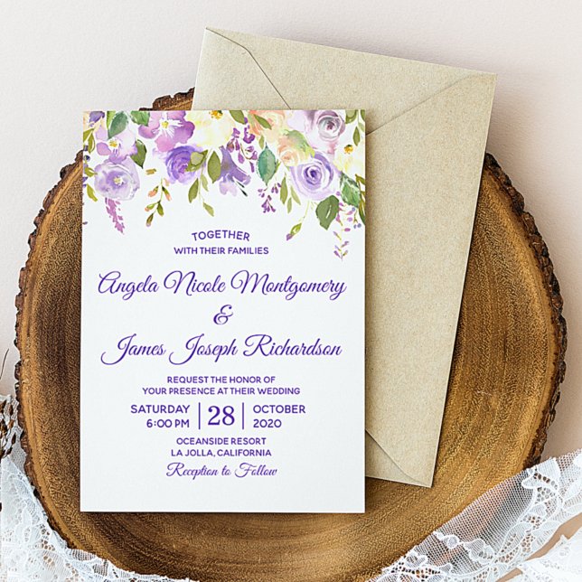 Invitation Elégante Aquarelle violette Florale Mariage modern (Elegant Purple Watercolor Floral Modern Wedding Invitation)