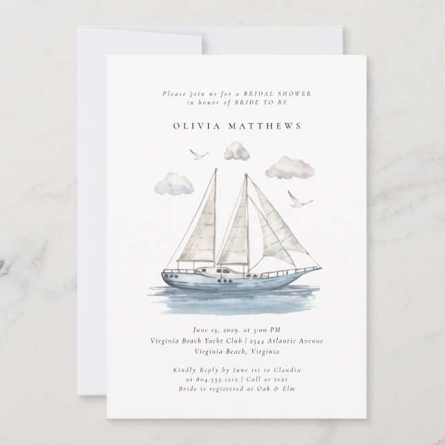 Invitation Elégante aquarelle voile Fête des mariées de yacht (Devant)