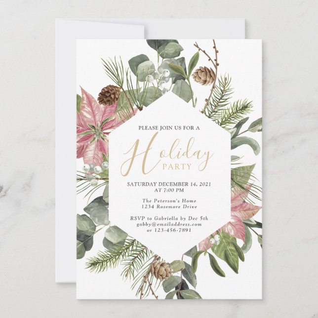 Invitation Elégante Aquarelle Wreath Gold Holiday Party Inv (Devant)
