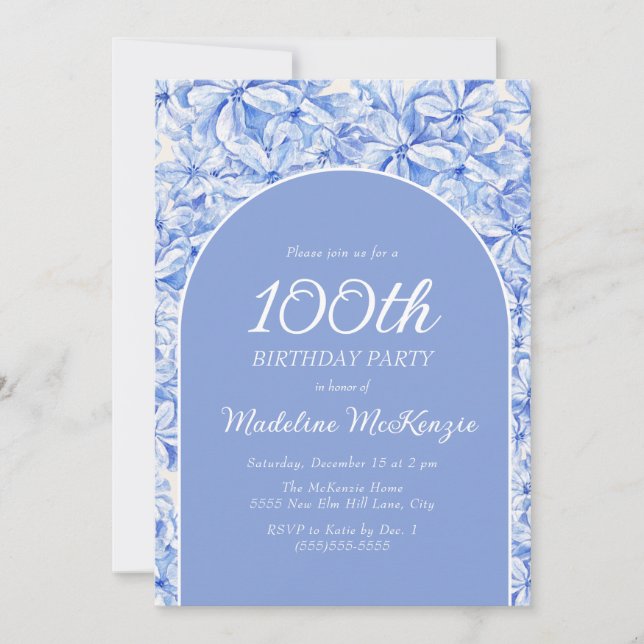 Invitation Elégante Arche Florale Bleue Dusty 100e anniversai (Devant)
