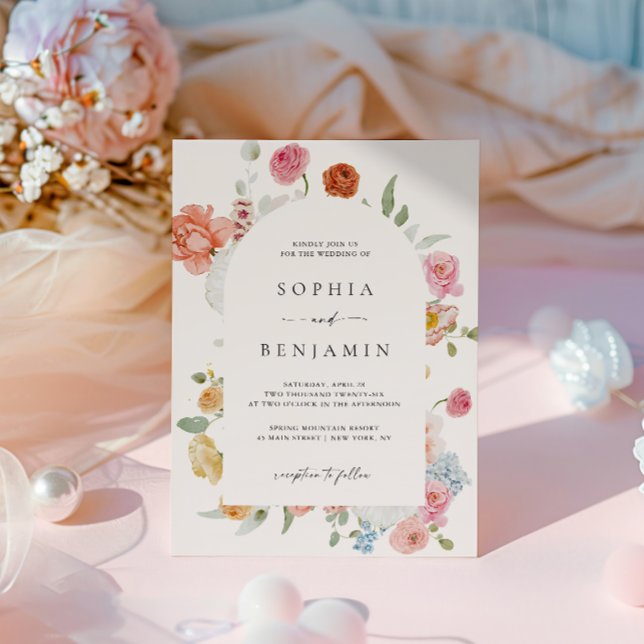 Invitation Elégante Arche Mariage aux fleurs de printemps col (Créateur téléchargé)