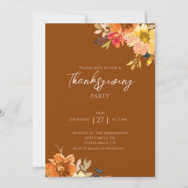 Invitation Élégante Automne Floral Thanksgiving Party (Devant)