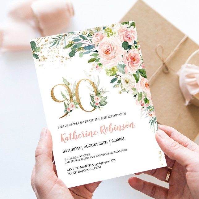 Invitation élégante avec fleurs pour ses 90 ans po (Créateur téléchargé)