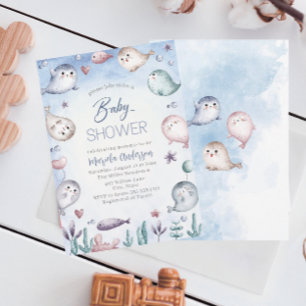 Invitation Élégante Baby Shower au phoque bébé aquarelle