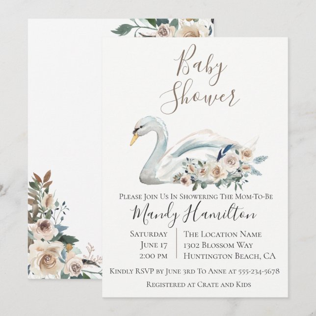 Invitation élégante Baby shower floral de cygne (Devant / Derrière)