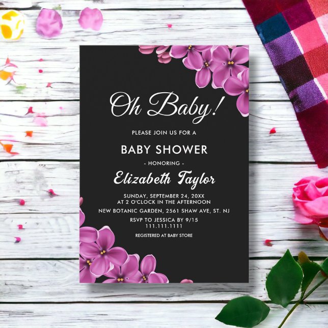 Invitation Elégante Baby shower floral noir orchidée (Créateur téléchargé)