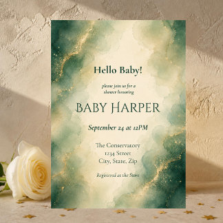 Invitation Élégante Baby Shower Vert Sauge & Or Aquarelle