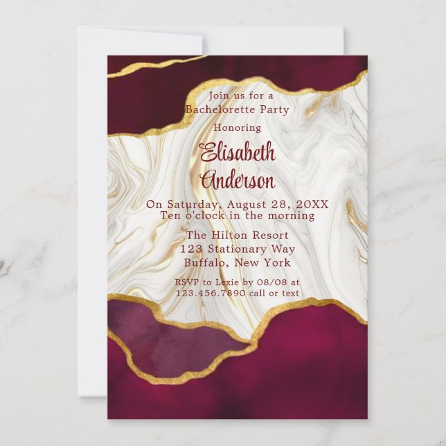 Invitation Élégante Bachelorette de Bourgogne et Gold Agate (Devant)