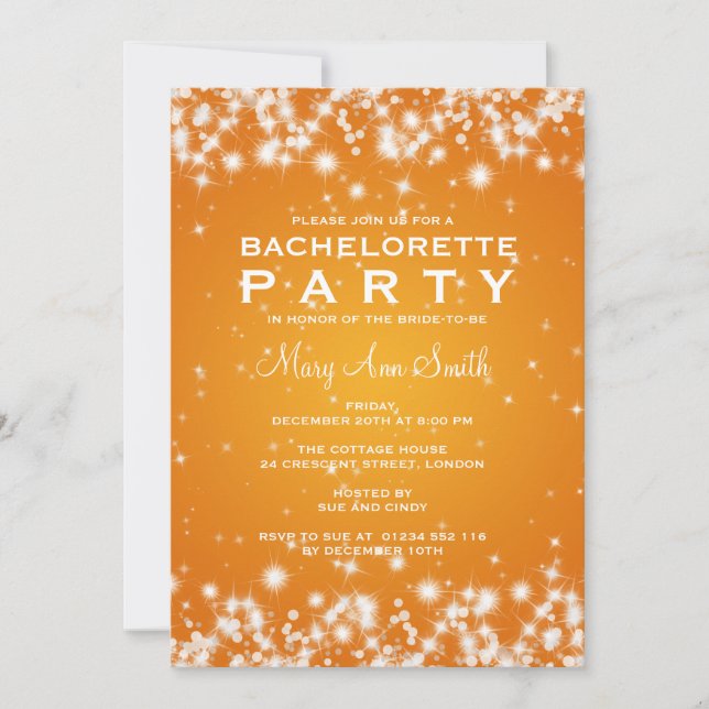 Invitation Élégante Bachelorette Party Hiver Étincelle Orange (Devant)