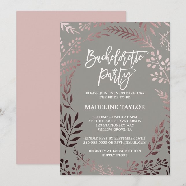 Invitation Élégante Bachelorette Rose Gold et Grey (Devant / Derrière)