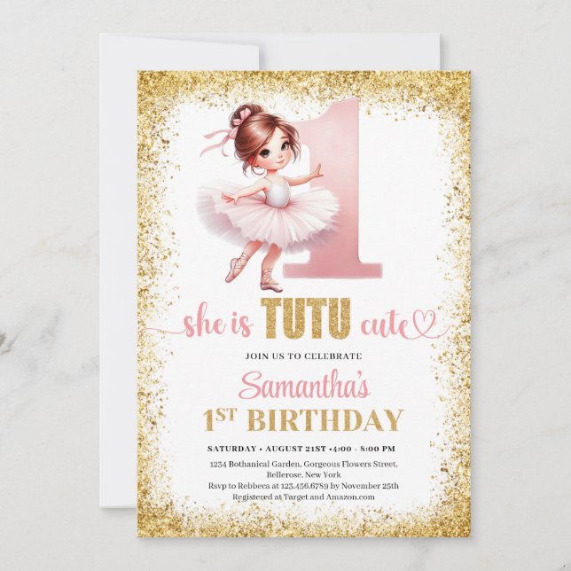Invitation Elégante ballerine rose et or fille 1er anniversai (Devant)