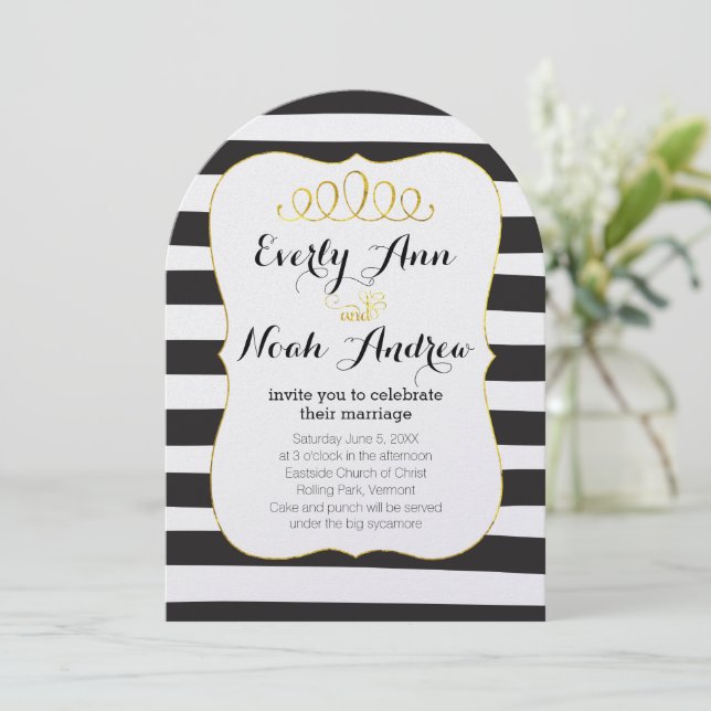 Invitation Elégante bande noire et blanche avec Mariage or (Debout devant)