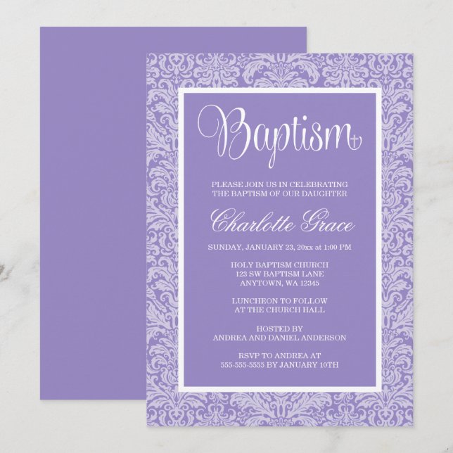 Invitation Élégante Baptême de Fille aux Damas pourpre (Devant / Derrière)