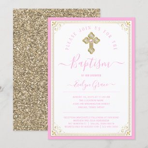 Invitation Élégante Baptême Pink Light Gold Girl