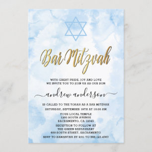 Invitation Elégante Barre Bleue Aquarelle Mitzvah
