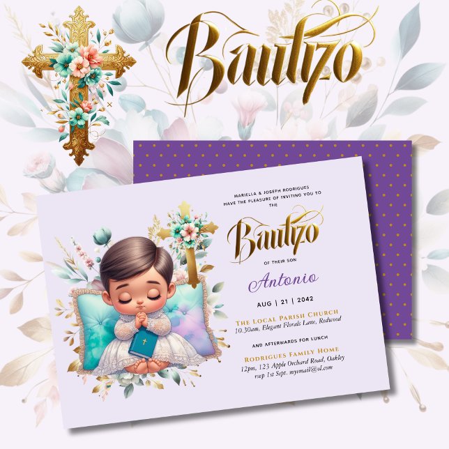 Invitation Elégante BAUTIZO Lilac Gold Floral Cross (Créateur téléchargé)