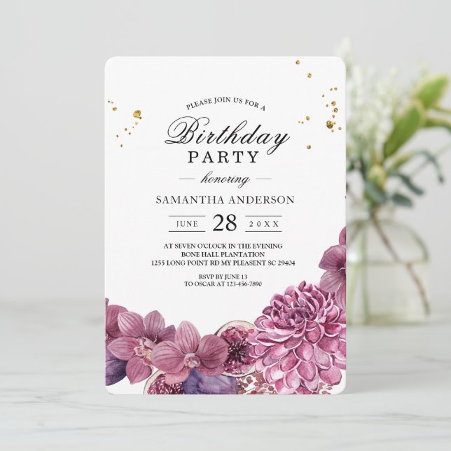 Invitation Elégante Beauté Aquarelle rose & pourpre Orchidées (Debout devant)