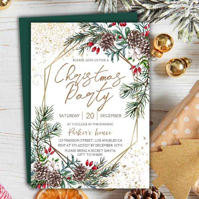 Invitation Élégante Berry Pine Géométrique Gold Christmas Par (Créateur téléchargé)