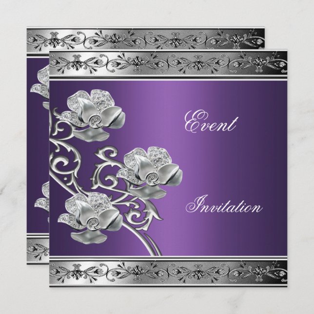 Invitation Élégante Bijou Floral Violet Argent (Devant / Derrière)