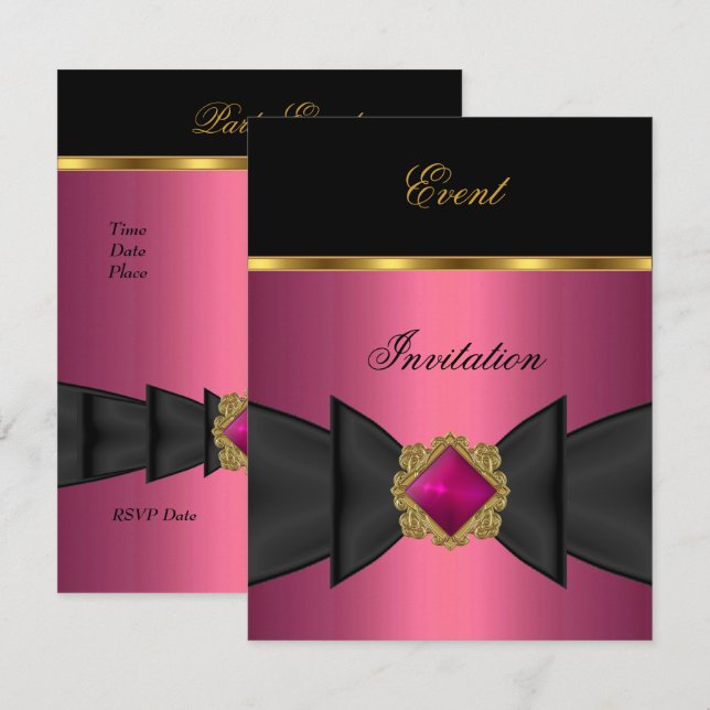 Invitation Élégante Bijou Ruban Rose Noir Or (Devant / Derrière)