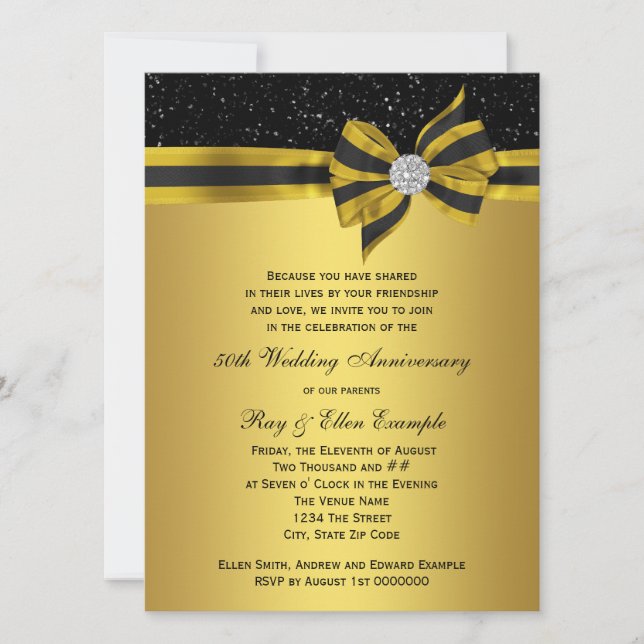Invitation Élégante Black and Gold Bow 50e anniversaire (Devant)