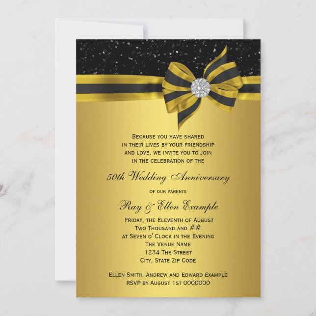 Invitation Élégante Black and Gold Bow 50e anniversaire (Devant)