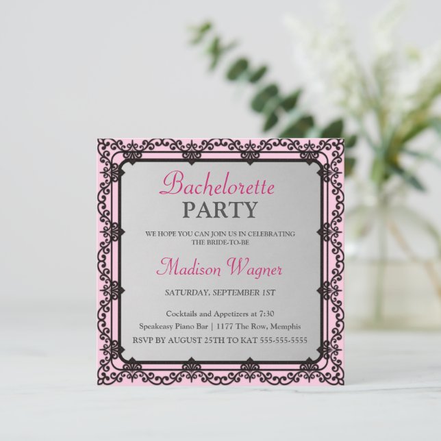 Invitation Élégante Black Border Bachelorette Party Invitatio (Debout devant)