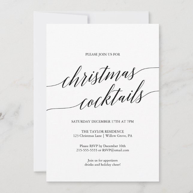 Invitation Élégante Black Calligraphy Christmas Cocktail Part (Devant)