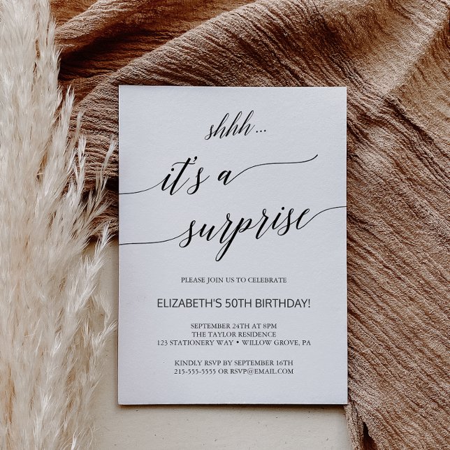 Invitation Élégante Black Calligraphy Surprise Party (Créateur téléchargé)