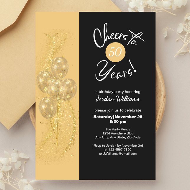 Invitation Elégante Black Cheers à 50 ans fête d'anniversaire (Créateur téléchargé)