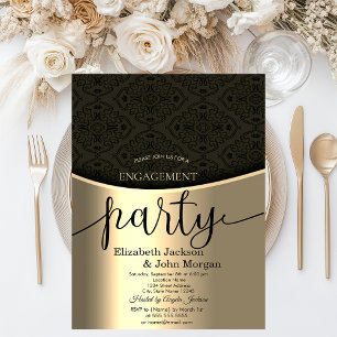 Invitation Élégante Black Damask Gold Engagement Party