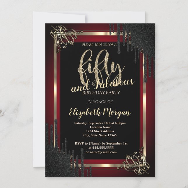 Invitation Elégante Black Drips Bordure rouge foncé 50e anniv (Devant)