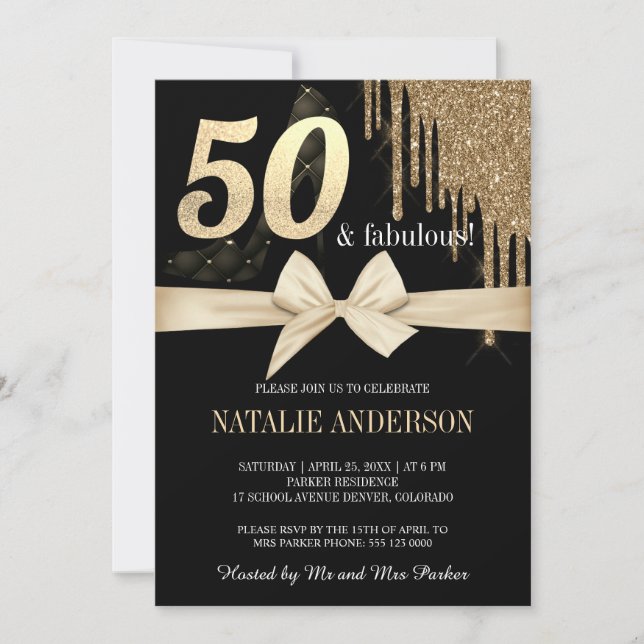 Invitation Elégante Black Dripss Gold Parties scintillant 50e (Devant)